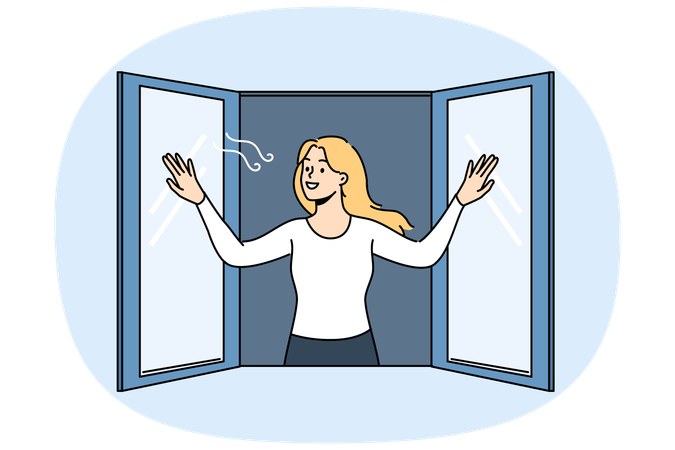 女性が家の窓を開けて通りから入ってくる新鮮な空気を楽しみながら、笑顔で通行人を眺めている。  イラスト