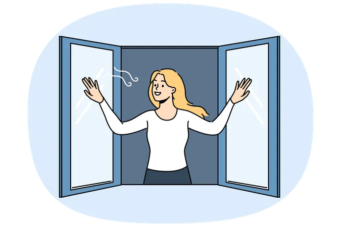 女性が家の窓を開けて通りから入ってくる新鮮な空気を楽しみながら、笑顔で通行人を眺めている。  イラスト
