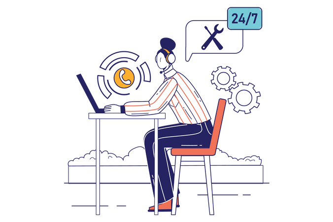 Woman operator in headphones works at laptop Illustration