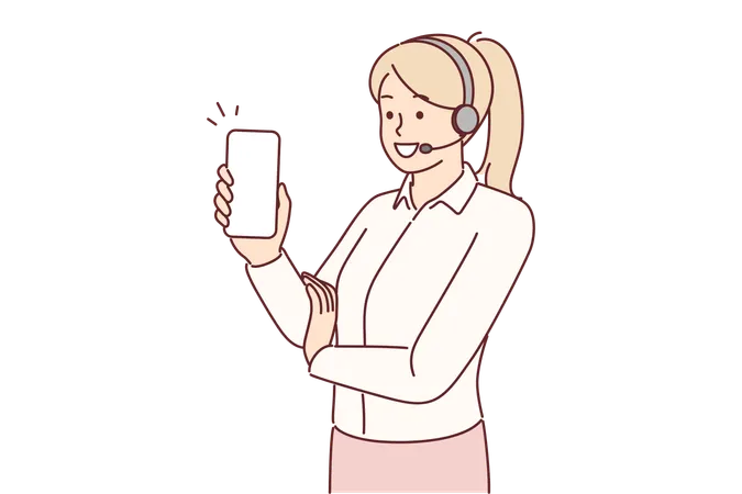 Woman Operator Works In Support Service And Uses Headset For Call Center Advising Customers Businesswoman Stands With Phone In Hands And Does Work Of Call Center Employee Or Sales Agent Illustration