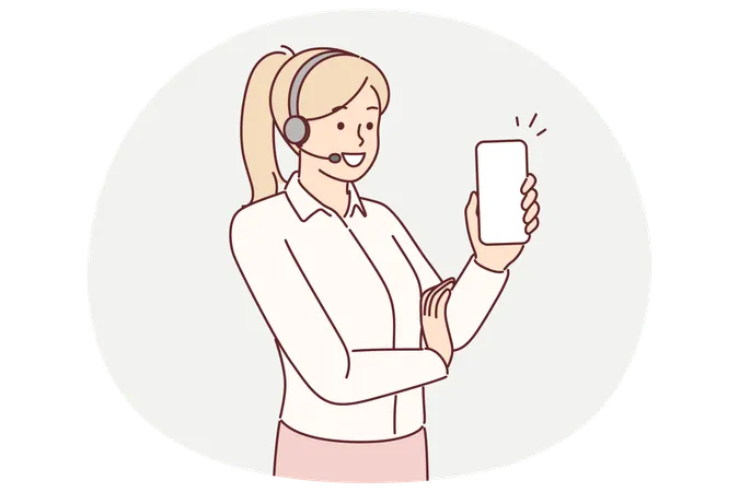 Woman operator works in support service and uses headset for call center advising customers  Illustration