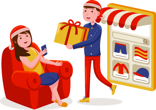 Woman order online on christmas sale Illustration