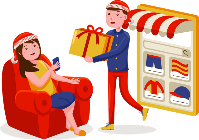 Woman order online on christmas sale  Illustration