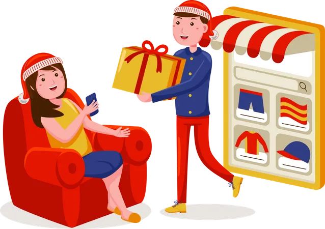 Woman order online on christmas sale  Illustration