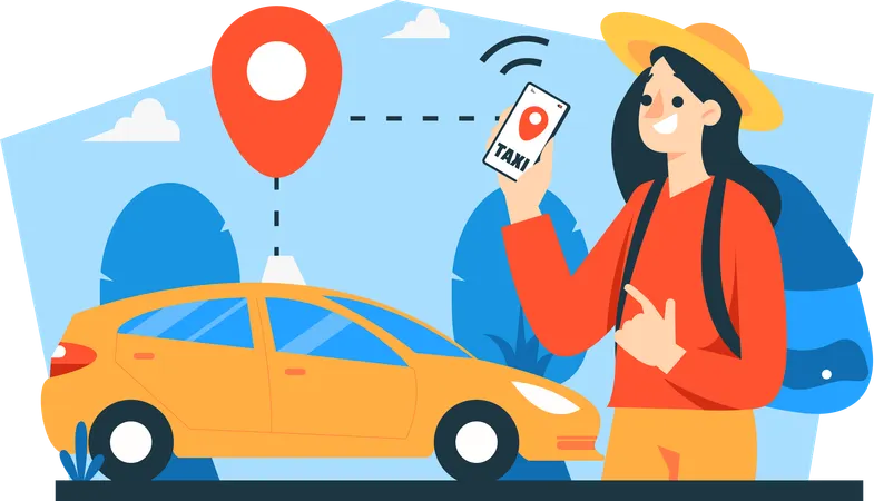 Woman ordering an online taxi  Illustration