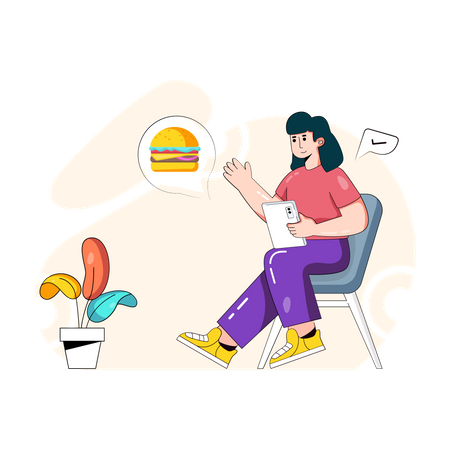 Woman ordering burger online from app Illustration