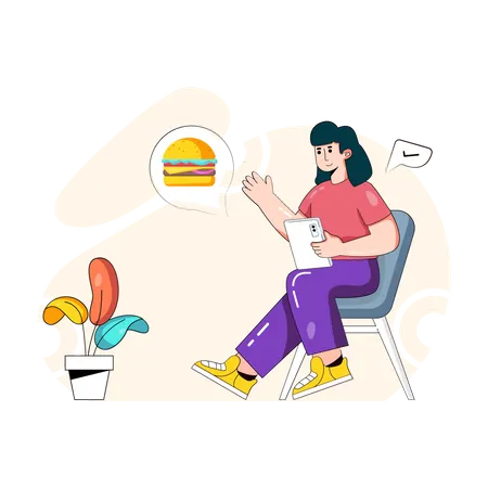 Woman ordering burger online from app Illustration