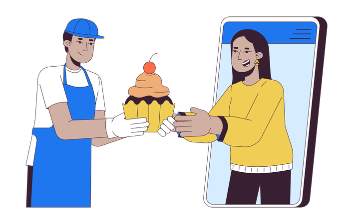 Woman ordering cakes online from baker  Illustration