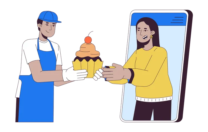 Woman ordering cakes online from baker  Illustration