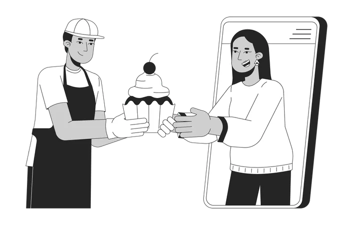 Woman ordering cakes online from baker  Illustration