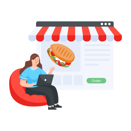 Woman ordering food from online site Illustration