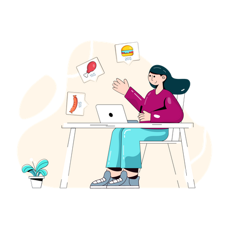 Woman ordering food online using laptop Illustration