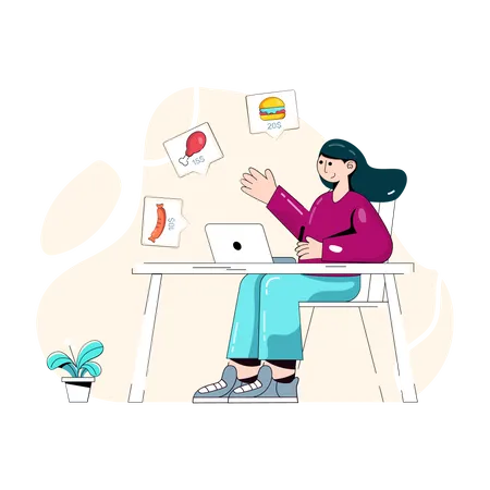 Woman ordering food online using laptop Illustration