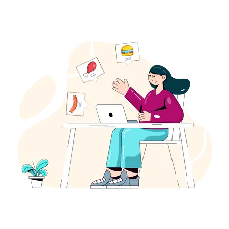 Woman ordering food online using laptop  Illustration