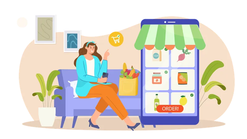 Woman ordering groceries from mobile app  Illustration