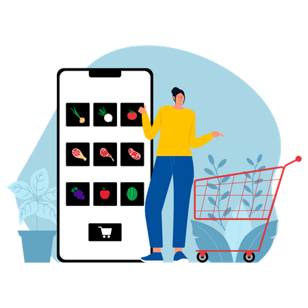 Woman ordering grocery from online app Illustration