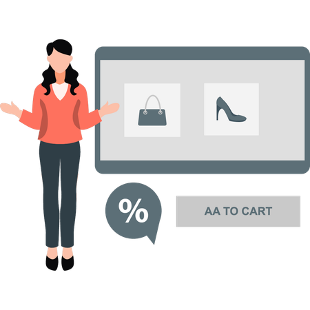 Woman ordering items from cart in online shopping  Illustration