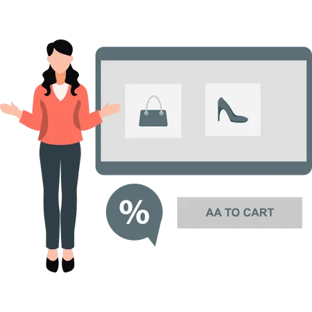 Woman ordering items from cart in online shopping  Illustration