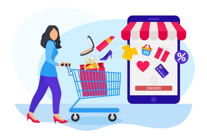 Woman ordering items from cart in online shopping website  Illustration