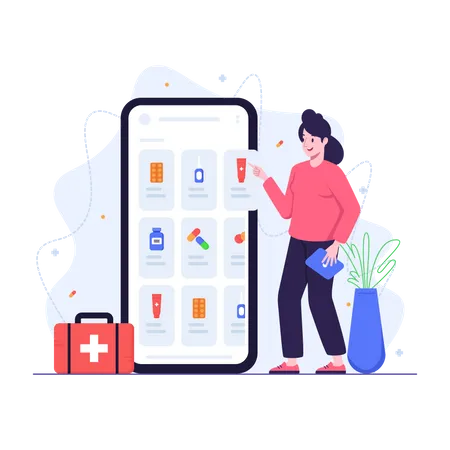Illustration Of Woman Ordering Medication From Online Pharmacy App Illustration