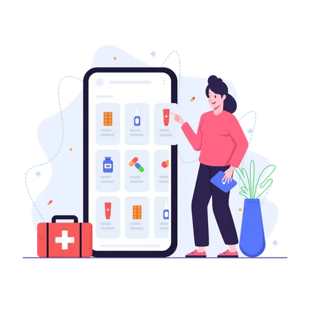 Woman Ordering Medication From Online Pharmacy App  Illustration