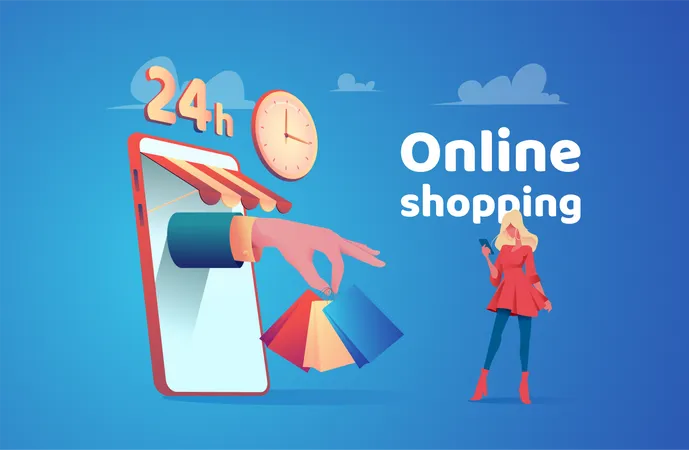 Woman ordering product from online shopping website Illustration