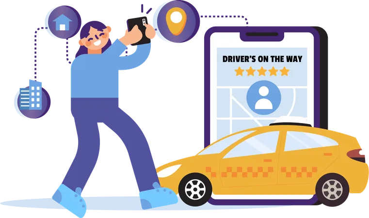 Illustration Of A Woman Ordering An Online Taxi With Technological Advances Making It Easier For Everyone Who Wants To Travel By Ordering Through The Application These Illustrations Are Ideal For Presentations Or Modern Technology Campaigns Illustration