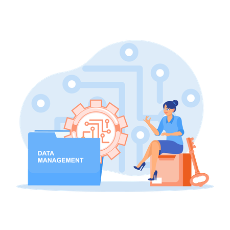 Woman organize storage of rational information while Efficient and secure data manager Illustration