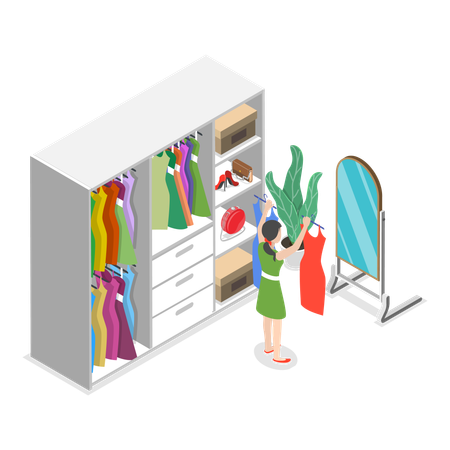 Woman organizing clothes in wardrobe  イラスト