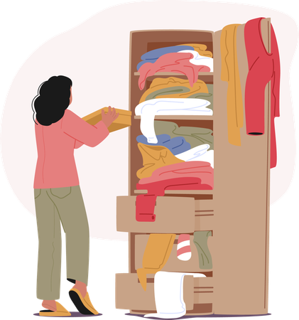 Woman Organizing Cluttered Wardrobe Filled With Various Clothes  Illustration