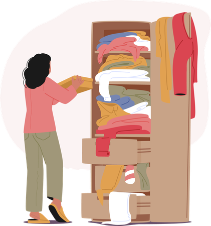 Woman Organizing Cluttered Wardrobe Filled With Various Clothes  Illustration