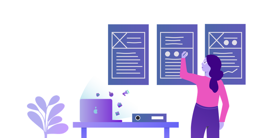 Woman organizing data on whiteboard  Illustration