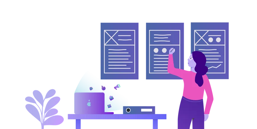 Woman organizing data on whiteboard  Illustration