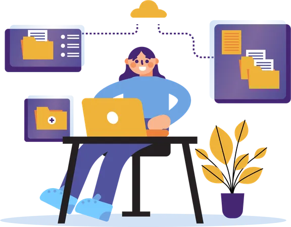 Illustration Woman Is Organizing Files And Folders In Cloud Storage Use Technology To Help Share The Forlder With Others These Illustrations Are Ideal For Presentations Or Modern Technology Campaigns 일러스트레이션