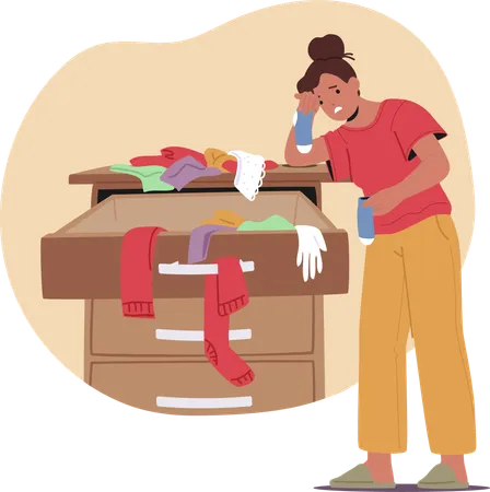 Woman Organizing Messy Drawer Filled With Clothes  Illustration