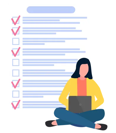 Freelancer Sitting With Laptop And Working With To Do List Time Management Schedule Planning Concept Woman With Checklist Task Planner Program On Computer Lady Plans Work Schedule For Month Illustration