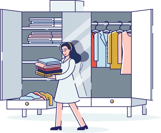 Woman Organizing Wardrobe Packing Or Unpacking Clothes Before Travel Or Moving To New Home Cartoon Female Holding Stack Of Clothes Putting It In Order On Closet Shelves Linear Vector Illustration Illustration