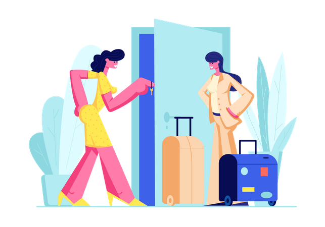Woman Owner Giving Key of Home to Female Guest with Baggage Illustration