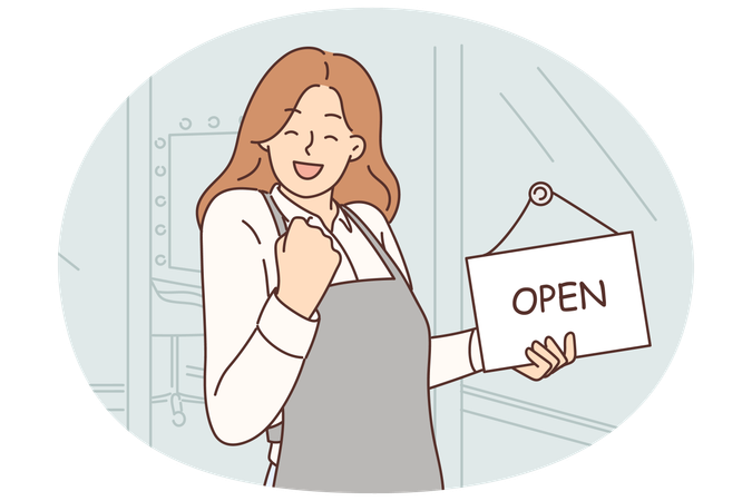 Woman owner of beauty salon makes victory gesture standing near front door with sign open  Illustration