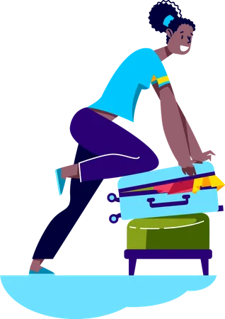 Woman Packing For Travel Trying To Close Overfilled Suitcase Young Girl Sitting On Full Baggage Trip And Summer Vacation Luggage Concept Cartoon Vector Illustration Illustration