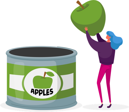 Woman packing fresh apples into tin can  Illustration