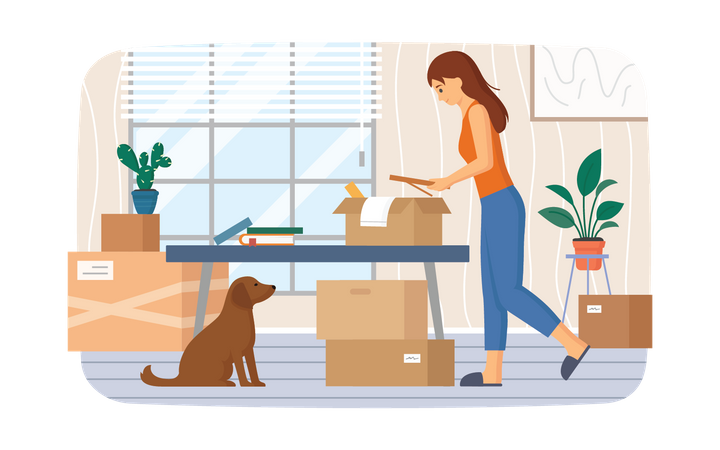 Woman packing stuff for house relocation Illustration