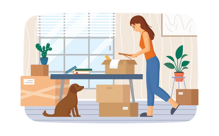Woman packing stuff for house relocation Illustration
