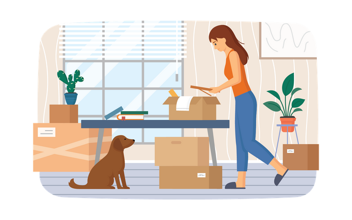 Woman packing stuff for house relocation  Illustration