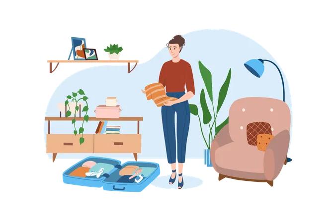 Blue Concept Travel With People Scene In The Flat Cartoon Design Woman Packs Her Clothes And Things To A Suitcase Before Her Big Trip Vector Illustration Illustration