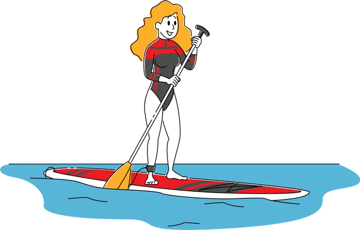 Woman Paddling On SUP Board Young Female Character Wear Sportive Swimwear Holding Paddle Stand On Surfboard Outdoors Summertime Water Sport Activity Recreation Leisure Linear Vector Illustration Illustration