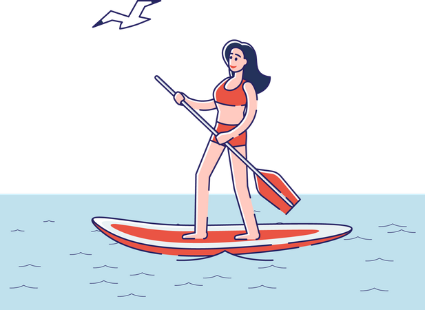 Woman paddling on sup board Illustration