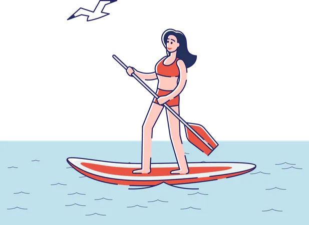 Woman paddling on sup board Illustration
