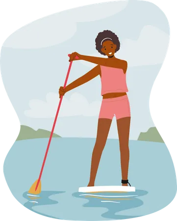 Woman Paddling On SUP Board Young Female Character In Swimwear Holding Paddle Stand On Surfboard Outdoors Summertime Water Sport Activity Recreation Leisure Cartoon People Vector Illustration Illustration