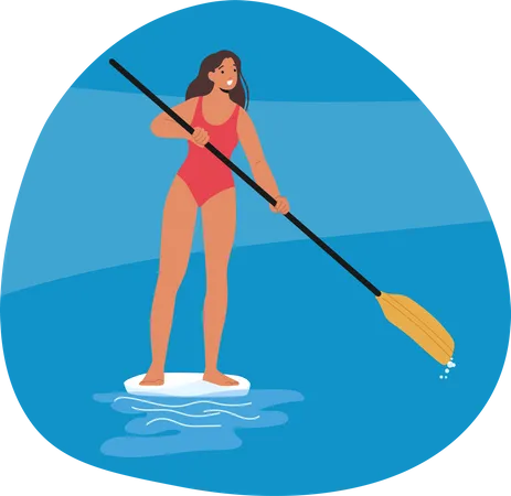 Female Paddleboarder Gracefully Glides Across The Water Confidently Maneuvering Her Sup Board While Enjoying A Refreshing Swim Female Character Water Activities Cartoon People Vector Illustration Illustration